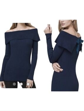 WHBM Dark Blue Rib-Knit Sweater Bow Back Off-the-Shoulder 570245062 Solid